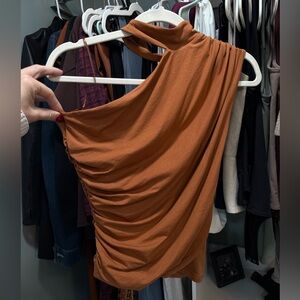 Abercrombie & Fitch One Shoulder Mock Neck Draped Top deep tan orange